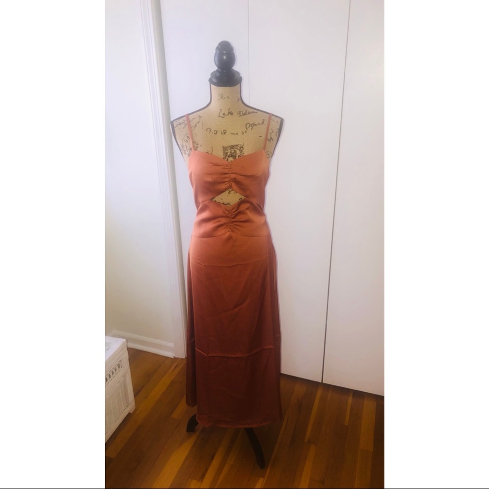 NASTY GAL COLLECTION peep detail satin midi dress in the color rust, Size M; NWT